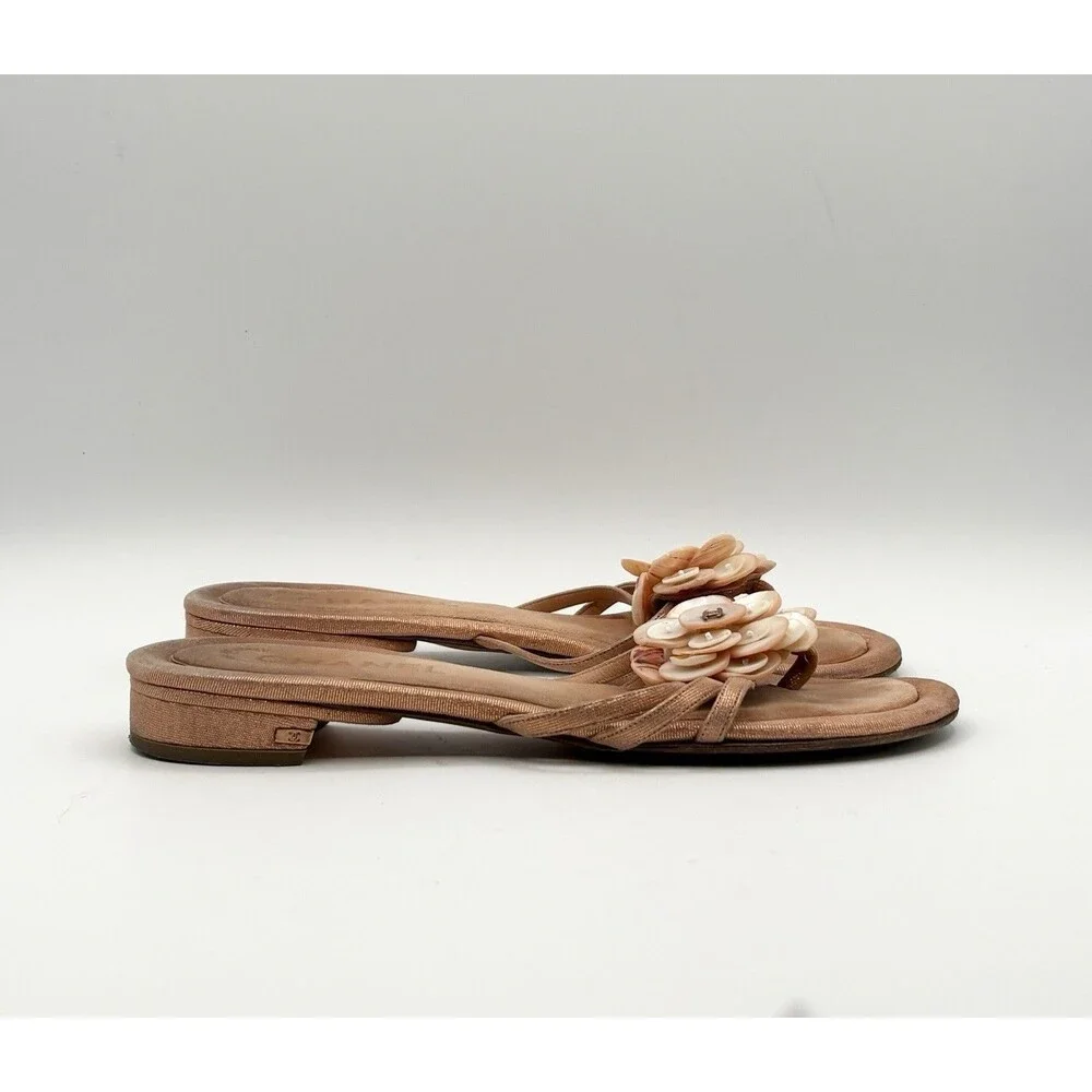 Chanel Peach Pink Sandals w/ CC Logo Shell Button Accents Y2K Sz EU 36